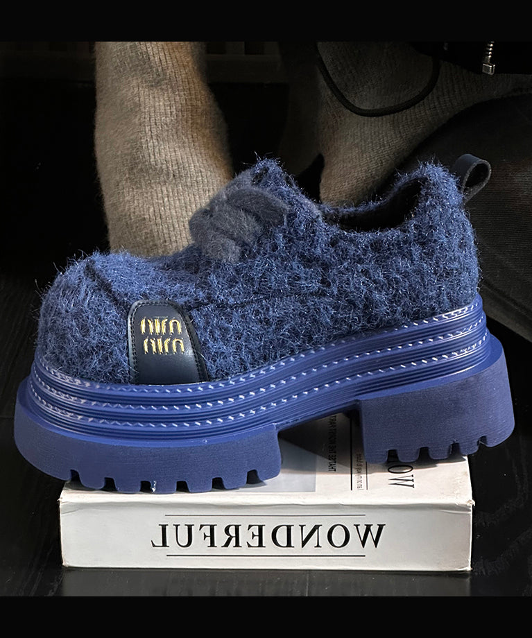 Blue Lace Up Chunky Sheepskin Splicing Loafers