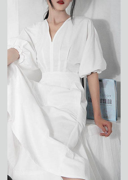 Comfy White V Neck Cotton Lantern Sleeve Summer Dress