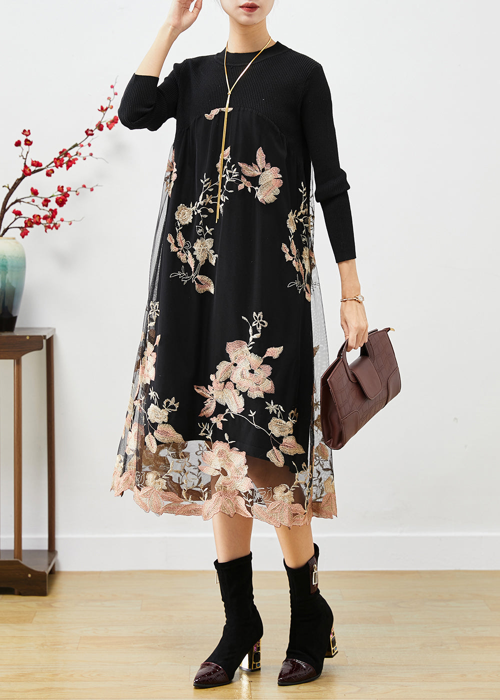 Light Pink Embroideried Patchwork Knit Dresses Fall