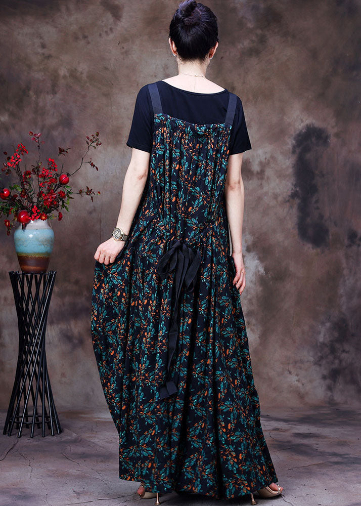 Green Print Pockets Cotton Strap Dress and Tanks Two Pieces Set Summer