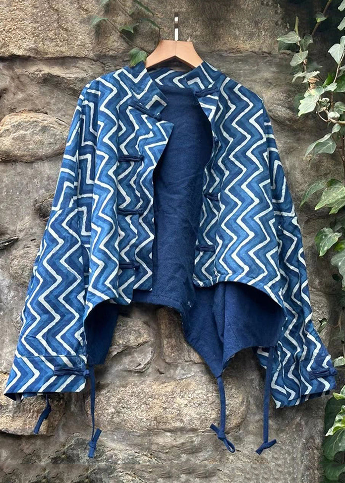 Blue Button Print Patchwork Cotton Coat Fall