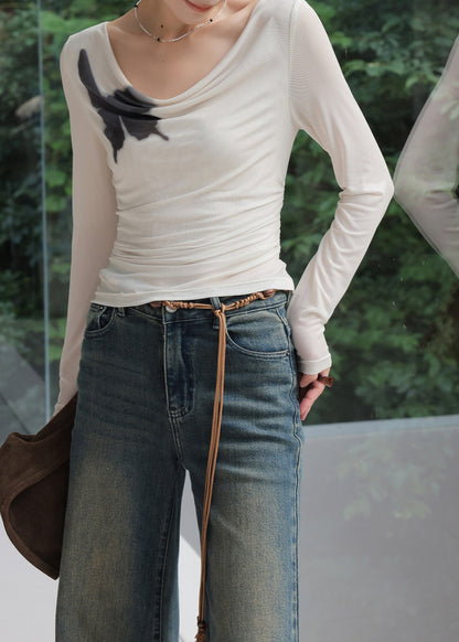 Spring New Beige Print Long Sleeved Draped Neckline T-shirt