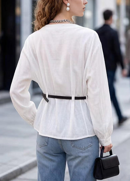 Style White O Neck Button Sashes Cotton Top Spring