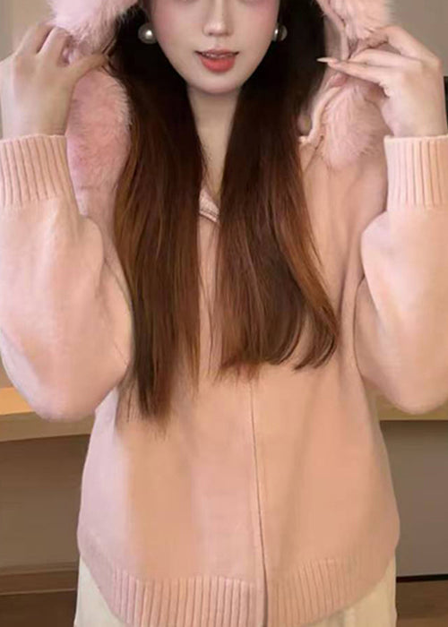 White Fur Collar Zippered Knit Coats Winter
