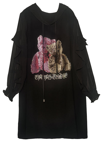 Black Hooded Ruffles Bear Print Chiffon Sweatshirt Dress Spring