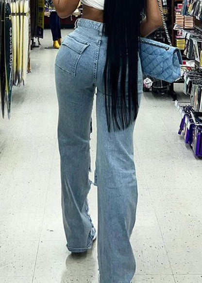 Blue Pockets Patchwork Ripped Jeans Summer