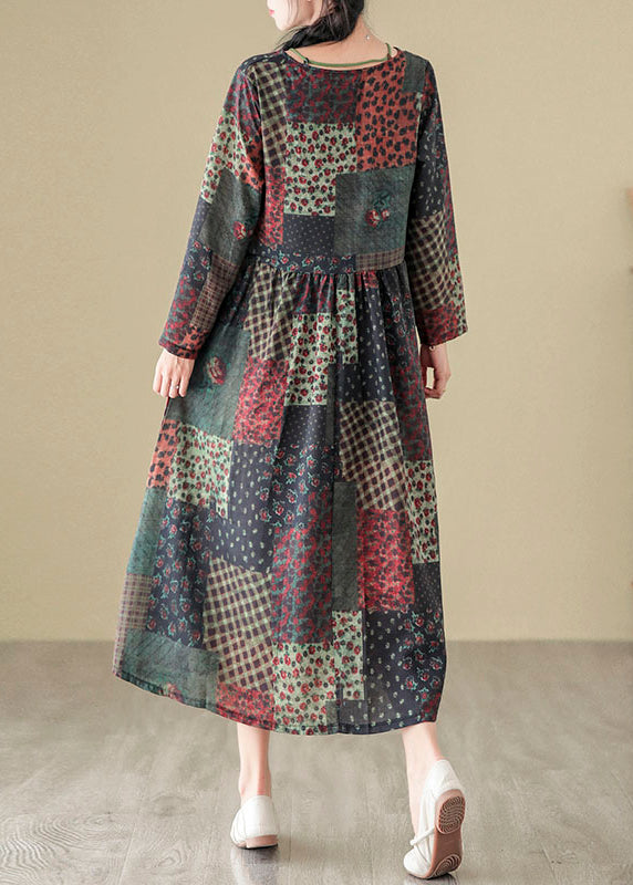 V Neck Print Patchwork Cotton Long Dress Fall