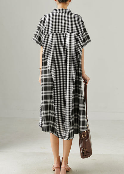 Grey Oversized Patchwork Plaid Linen Robe Dresses Summer