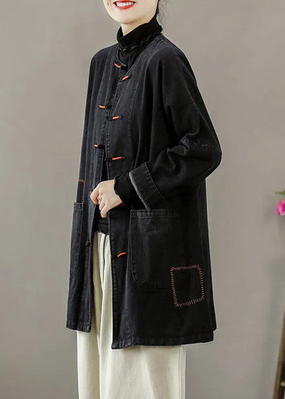 French Blue O-neck Pockets Patchwork Denim Coats Long Sleeve