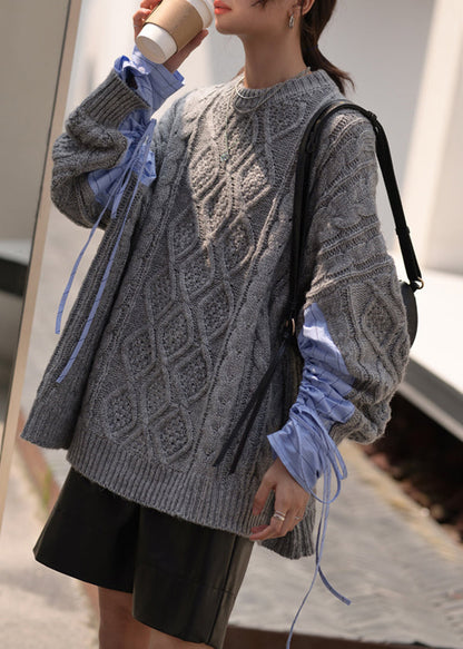 Black O Neck Drawstring Patchwork Cotton Knit Sweaters Fall