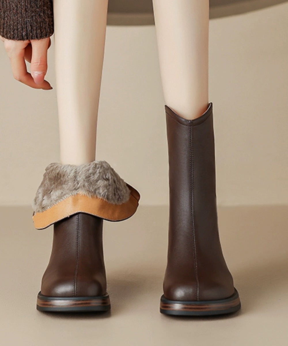 Classy Brown Chunky Short Boots Fuzzy Wool Lined