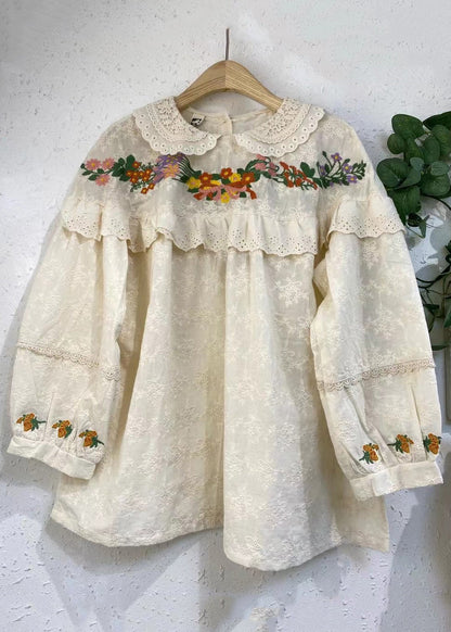 Beige Embroideried Ruffled Patchwork Cotton Shirt Long Sleeve