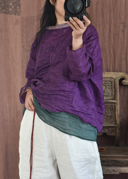 Purple O-neck Wrinkled Linen Shirt Spring