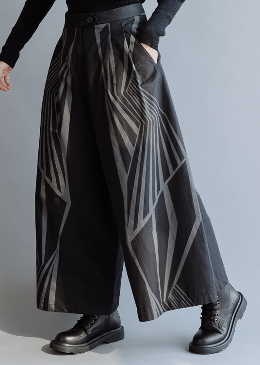 Organic Black Print Cotton Wide Leg Pants Spring