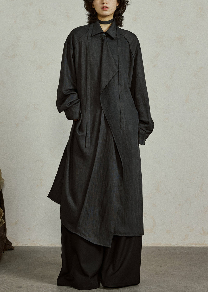 Loose Black Ruffled Tie Waist Cotton Shirts Coat Fall