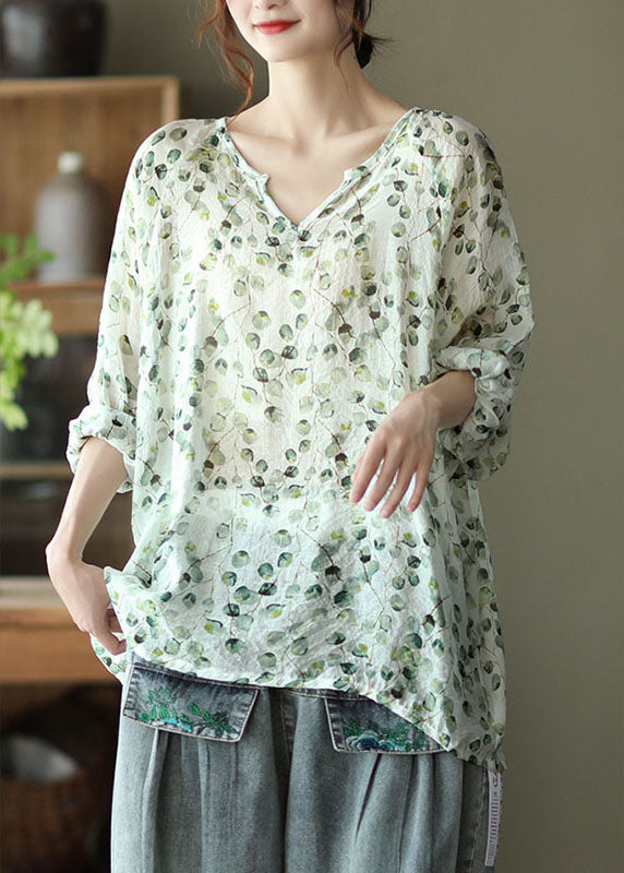 Stylish Green V Neck Print Fall Tops Long Sleeve