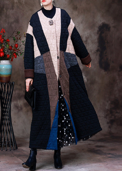 Style Apricot Black Colour Patchwork O-neck Cotton Thick Long Coat Long Sleeve
