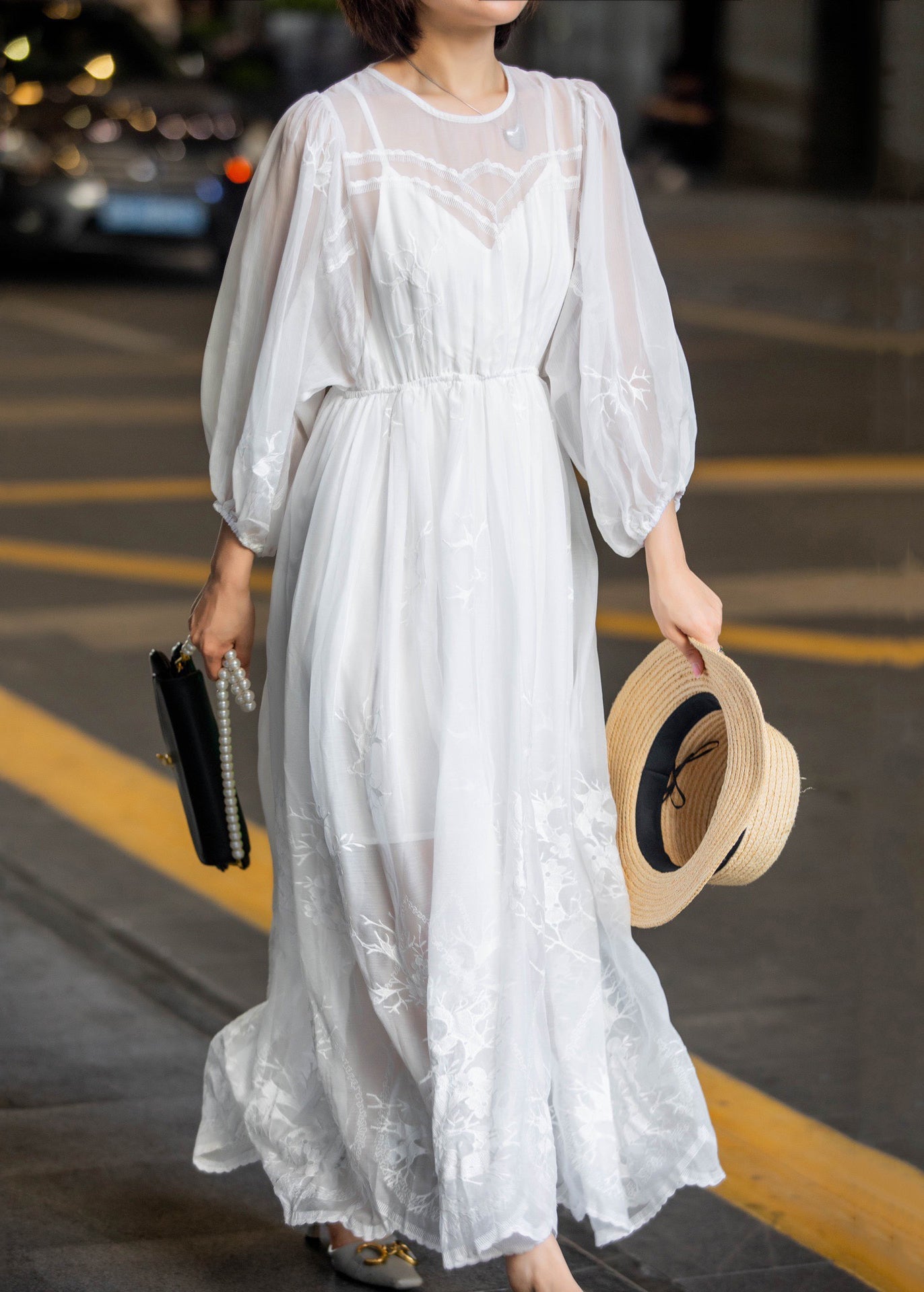 New White Lace Embroidered Lace Up Chiffon Long Dress Spring