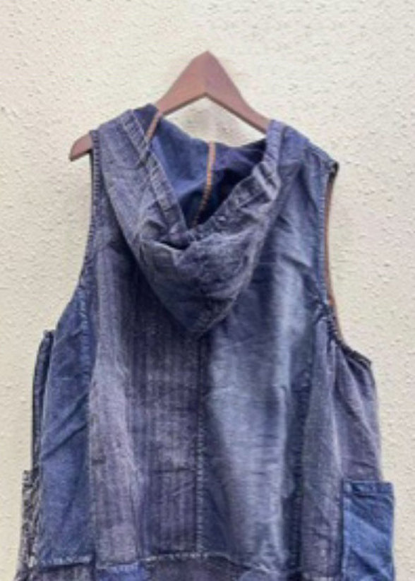 Colorblock Hooded Pockets Cotton Waistcoat Sleeveless