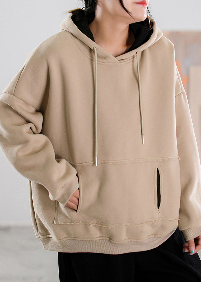 Khaki Patchwork Drawstring Warm Fleece Hoodies Pullover Fall