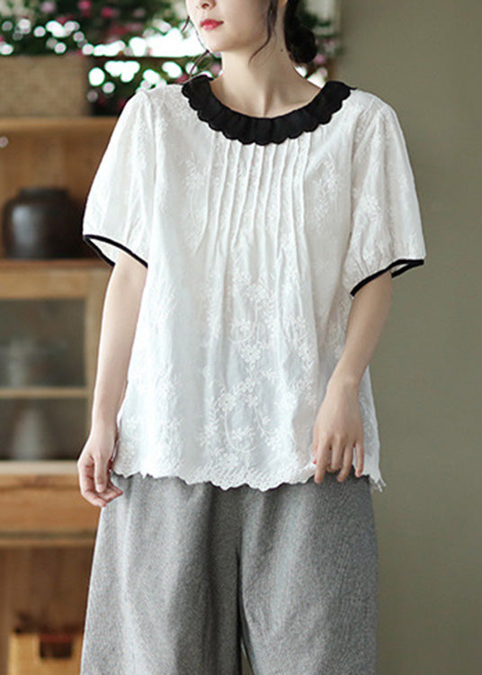 Modern White O-neck Embroideried Patchwork Wrinkled Cotton Top Short Sleeve