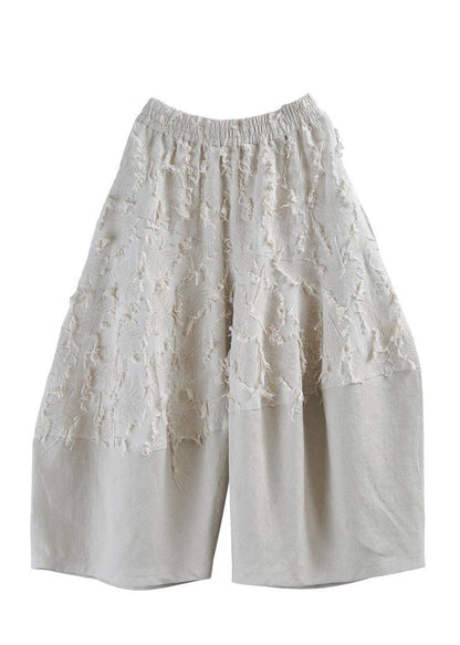 Natural Beige Patchwork Asymmetrical Design Cotton Linen Wide Leg Summer Pants