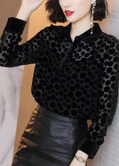 Black Peter Pan Collar Dot Hollow Out Silk Velour Shirt Tops Long Sleeve