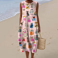 Women's Cute Cat Art Print Linen Dress artswardrobe
