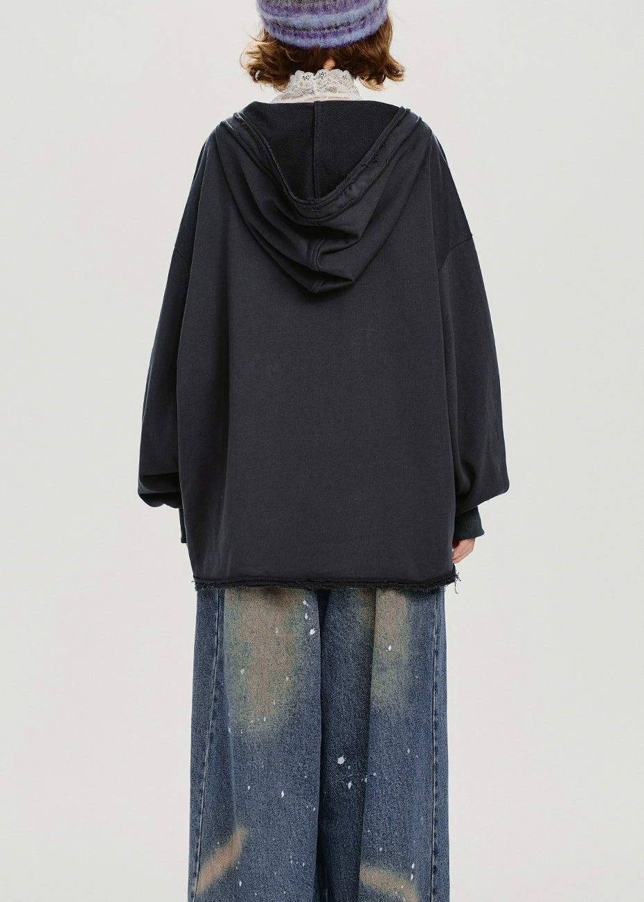 Dark Grey Hooded Print Cotton Pullover Sweatshirt Spring