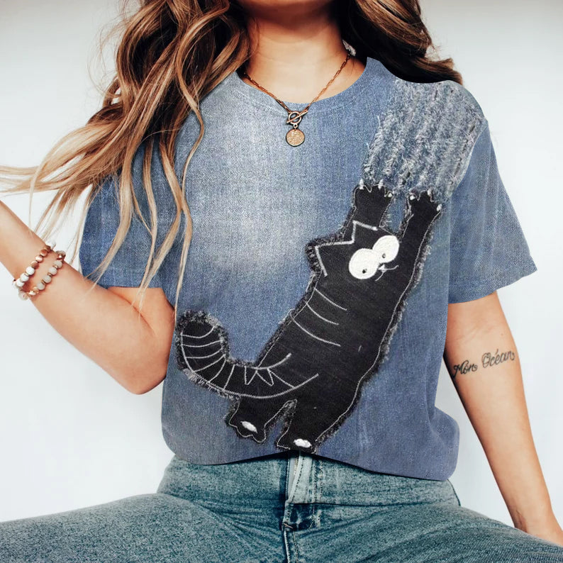 Retro Fun Lovely Black Cat Applique Art Crewneck Cozy T Shirt elevenforest