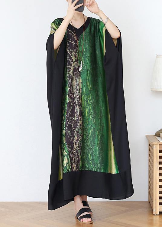 French Green Print Chiffon Patchwork Spring Dress