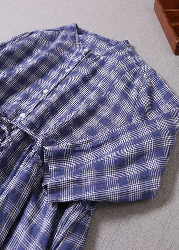 Style Blue Grey Plaid Pockets Cinched Tie Waist Fall Patchwork Robe Dresses Long Sleeve
