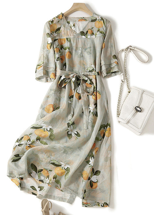 Light Green V Neck Print Lace Up Linen Long Dresses Summer