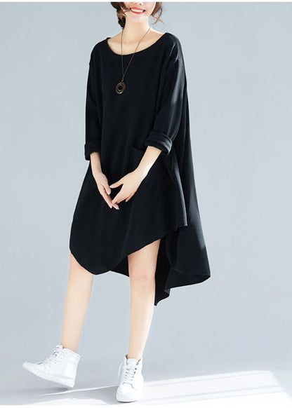 Black Asymmetrical Patchwork Applique Cotton Long Tops Spring
