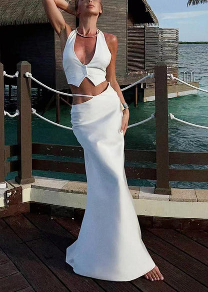 White Backless Vests and Wraped Skirts Two Piece Suit Set Summer