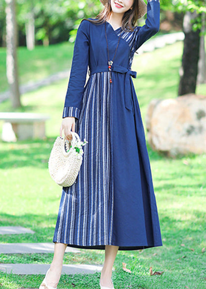 Blue V Neck Striped Patchwork Linen Long Dress Spring