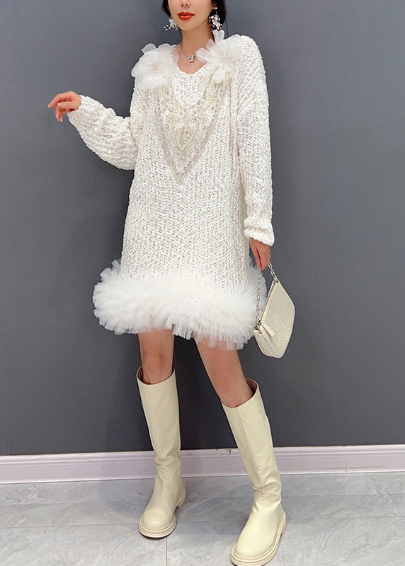 White O-neck Tulle Patchwork Knit Dress Long Sleeve