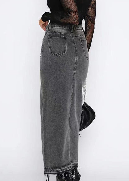 Grey High Waist Side Open Denim Skirts Summer