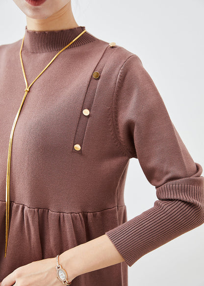 Brown Stand Collar Patchwork Button Knit Long Dress Fall