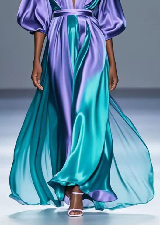 Gradient Purple V Neck Tie Dye Silk Long Dress Fall