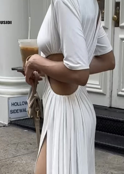 White Asymmetrical Design Hollow Out Side Open Dresses Summer