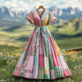 Women's Vintage Plaid Floral Patchwork Linen Short Sleeve Dress artswardrobe