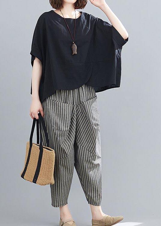 Summer Black Linen Bat Short Sleeve Top + Stripe Nine Point Harlem Pants