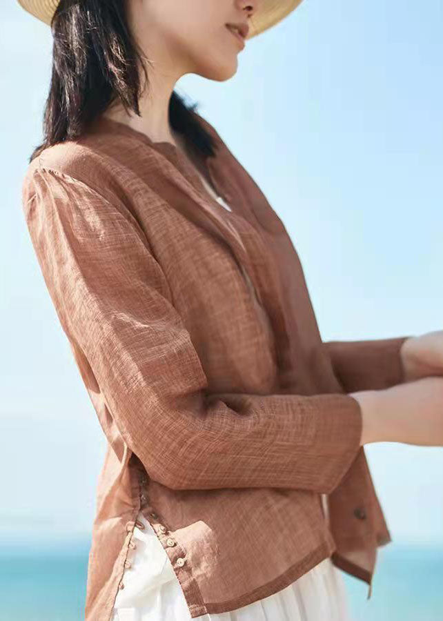 Boutique Chocolate O-neck Button Side Open Blouse Tops Spring