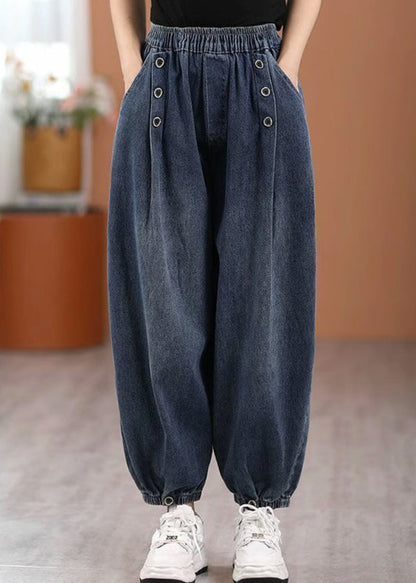 Blue Pockets Elastic Waist Denim Pants Fall