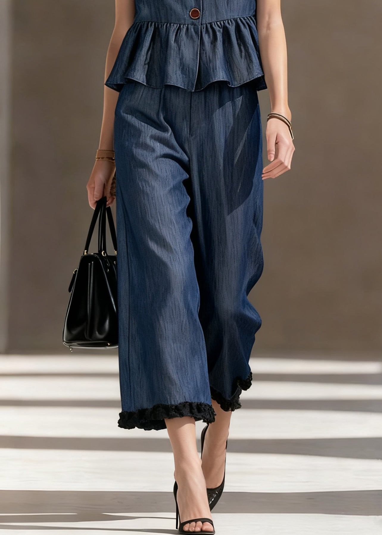Loose Blue Ruffled Tops and Crop Pants Denim Two Pieces Set Sleeveless