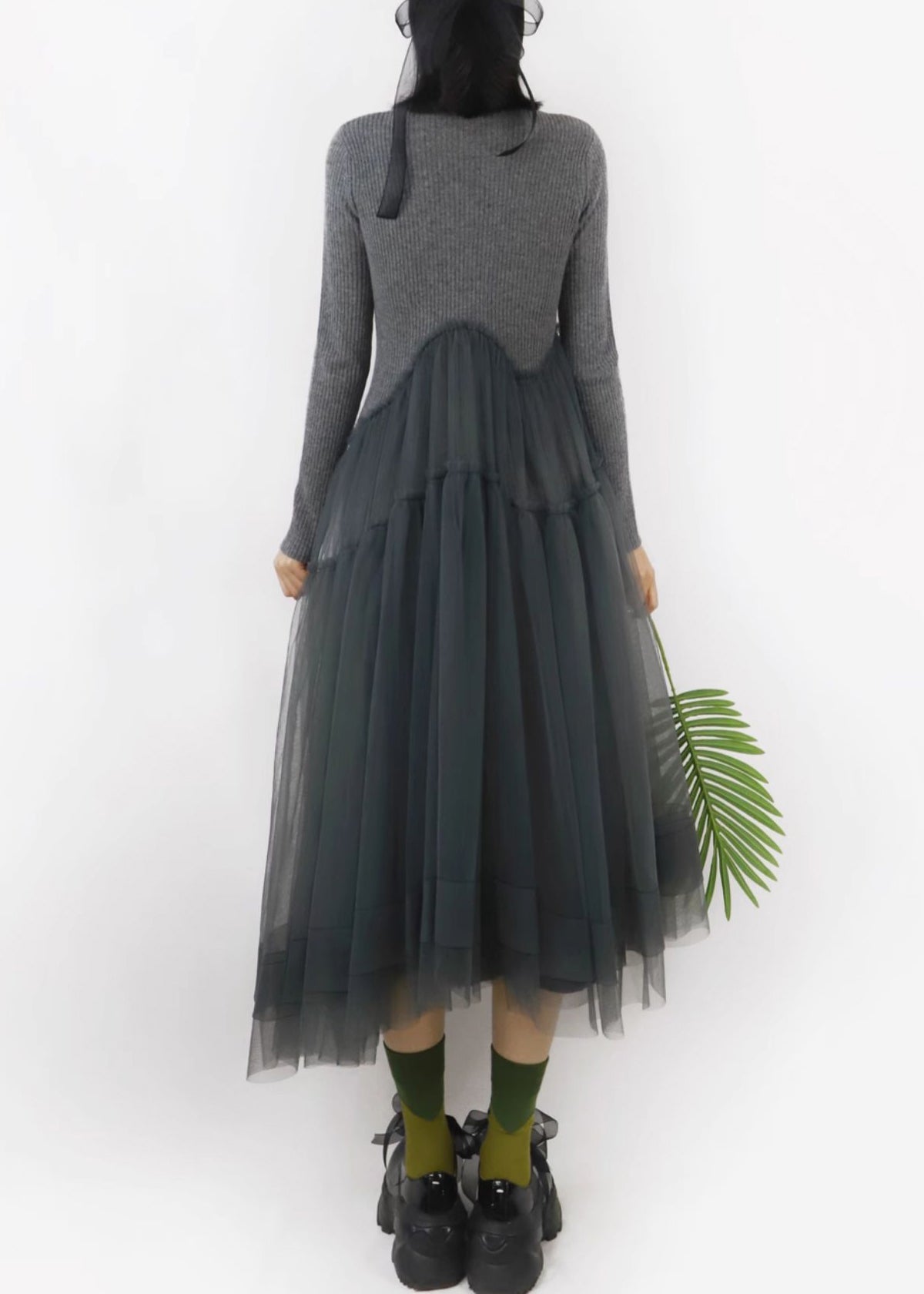 Art Dark Gray Asymmetrical Tulle Patchwork Sweater Dress Spring