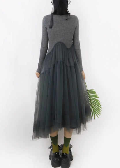 Art Dark Gray Asymmetrical Tulle Patchwork Sweater Dress Spring