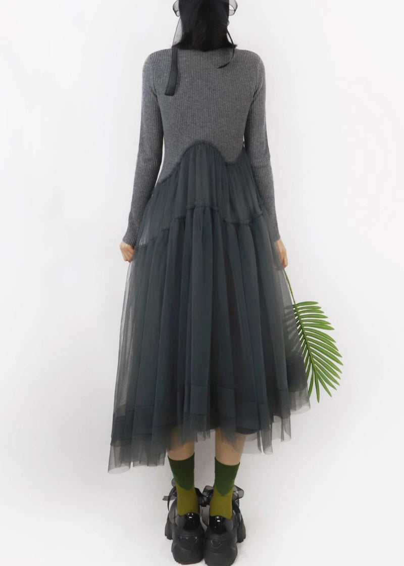 Art Dark Gray Asymmetrical Tulle Patchwork Sweater Dress Spring