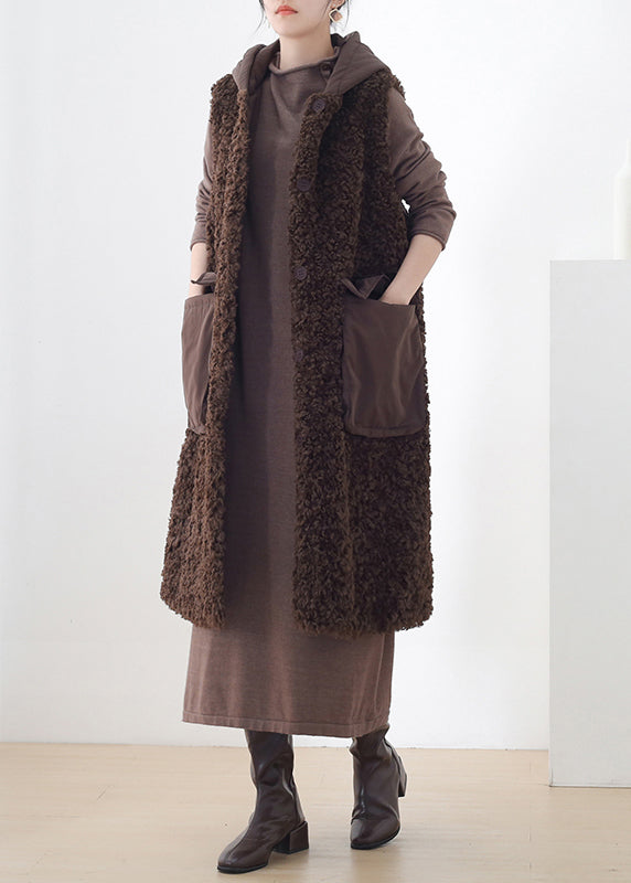Chocolate Colour Button Woolen Hooded Waistcoat Sleeveless